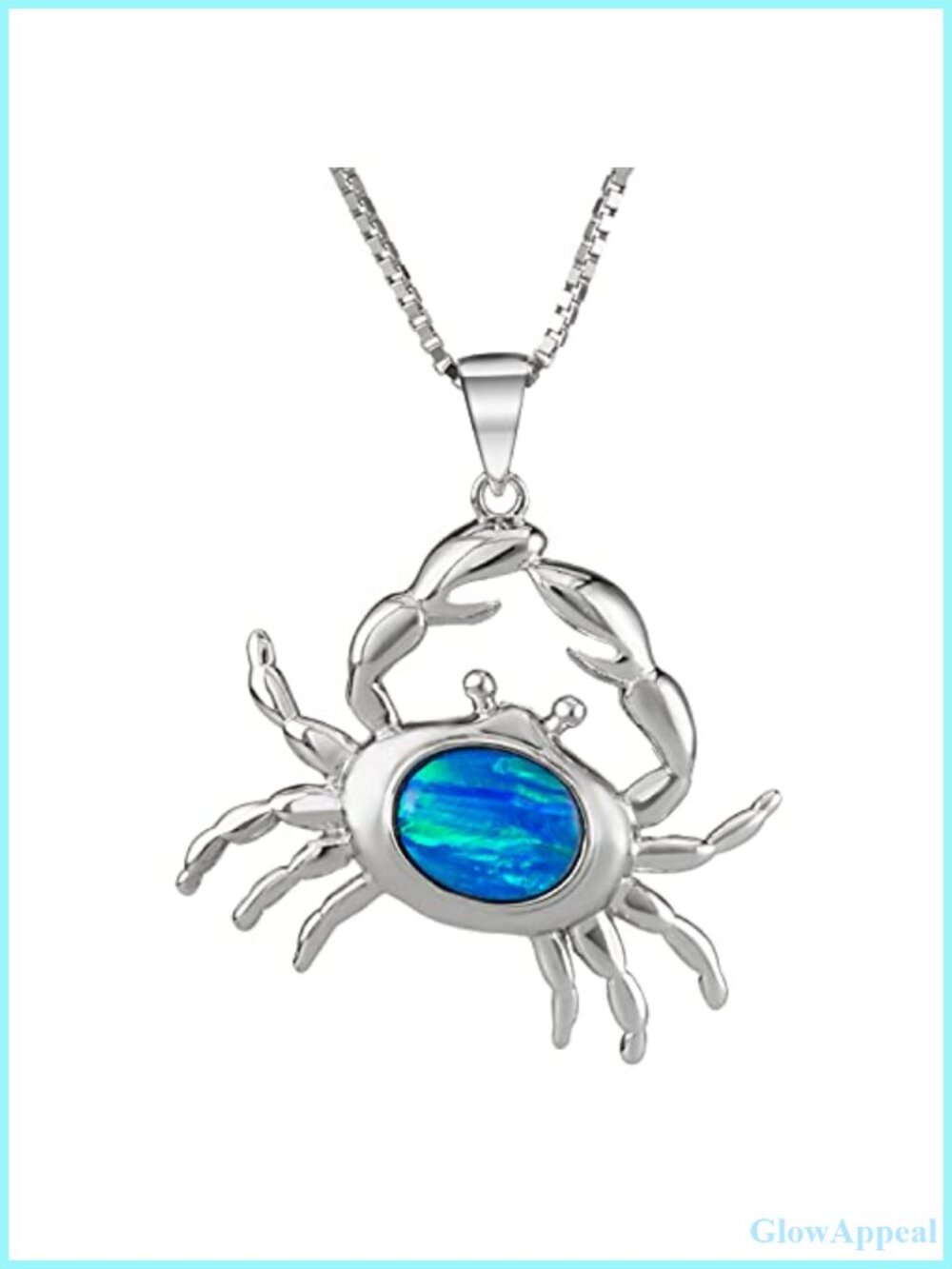 Sterling Silver Created Blue Opal Crab Necklace Pendant 18" Box Chain